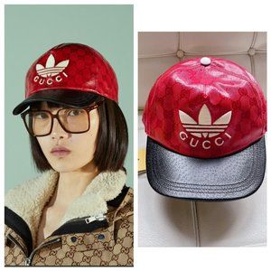 Gucci x Adidas GG LOGO Supreme Baseball Cap Hat Red Black Canvas Unisex Size M